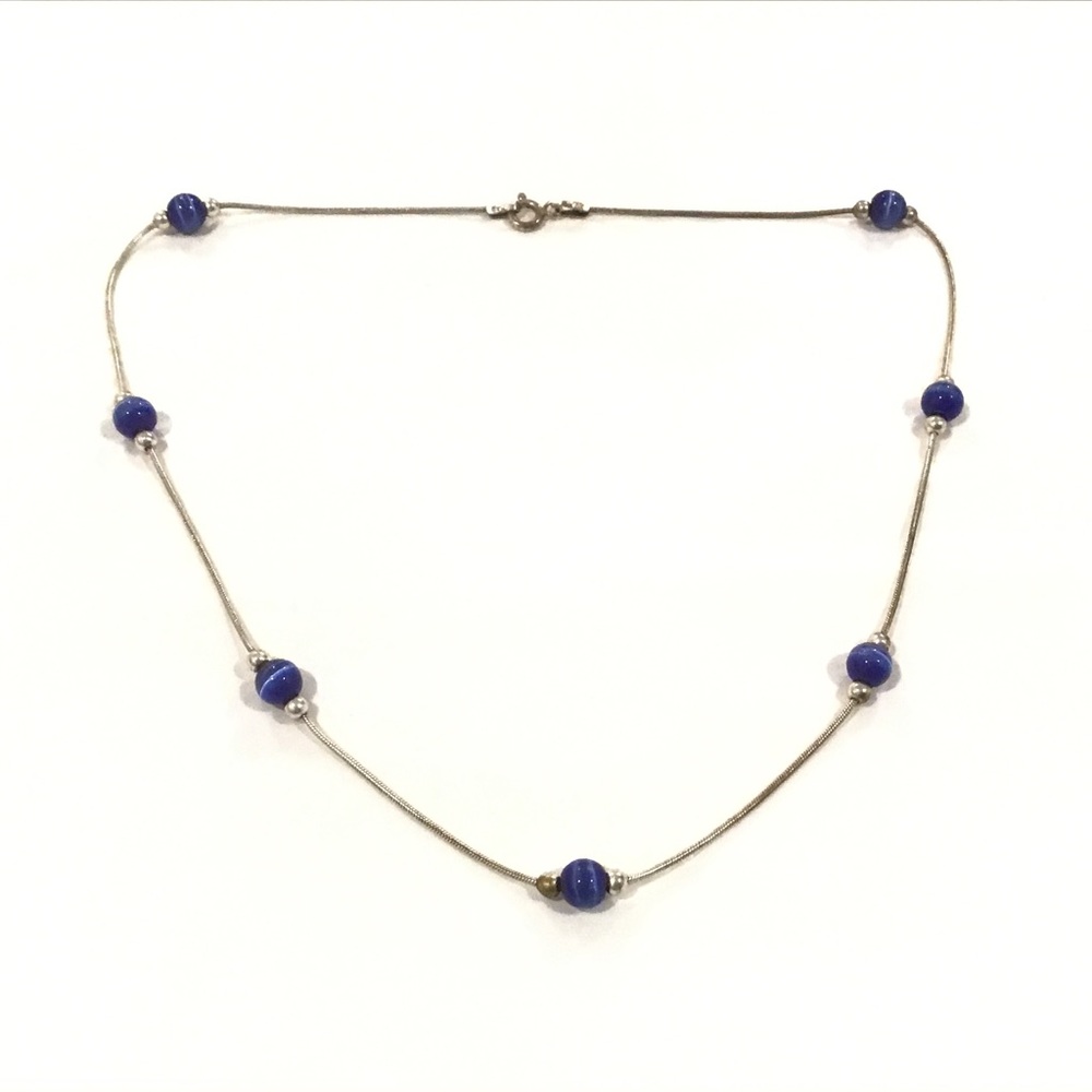 Sterling Silver Blue Cat's Eye Glass Bead Stations Snake Chain Necklace 16" Long